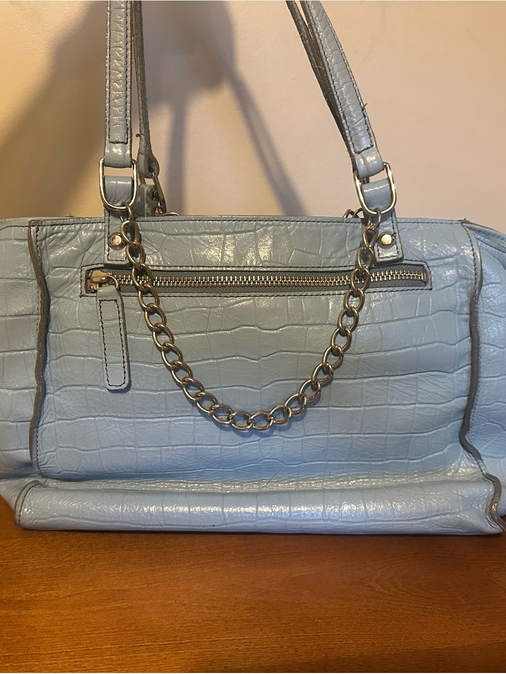 Elle Pale Blue Croc-Embossed Shoulder Bag with Gold Chain Accent
